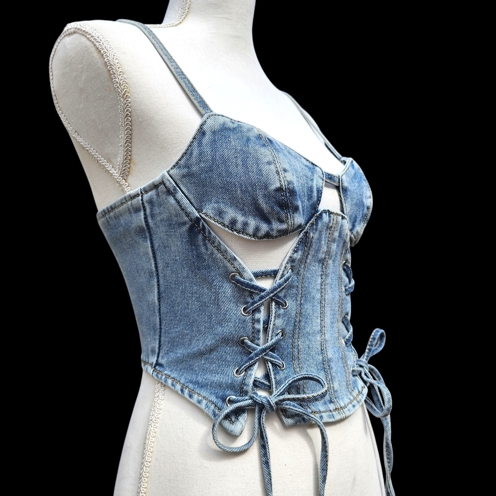 PrettyLittleThing Light Blue Wash Denim Lace Up Corset Top Petite XS - Picture 3 of 8